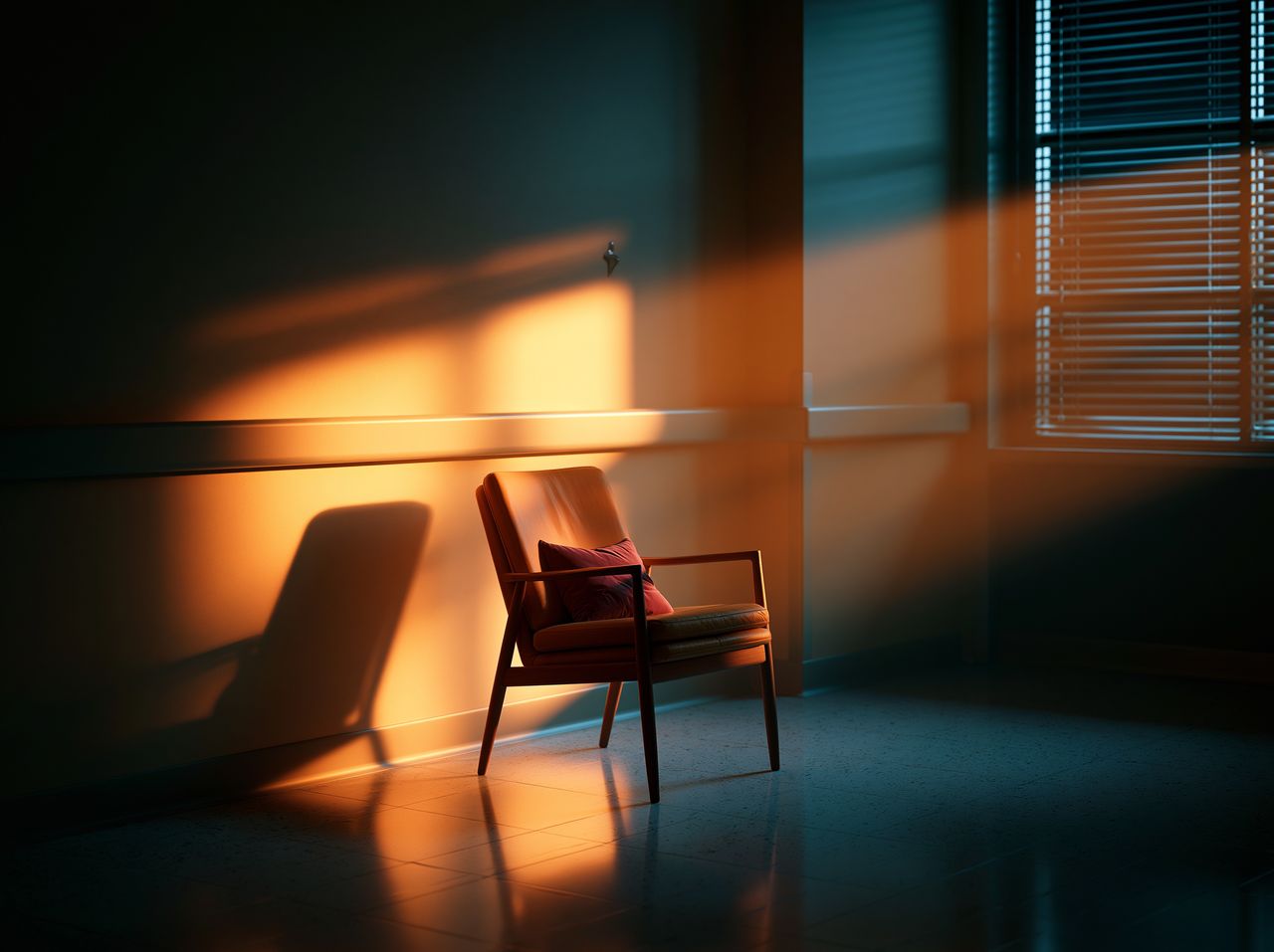 Cadeira vazia numa sala de espera, luz de fim de tarde entrando pela janela
