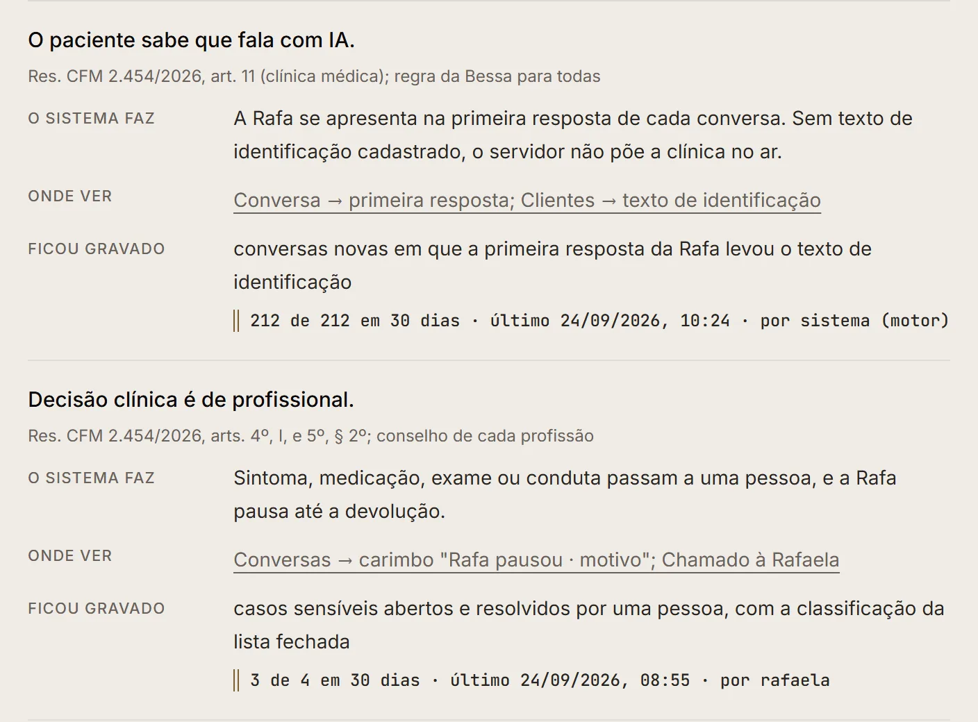 Recorte do Cockpit Bessa, tela Conformidade, com dados fictícios: a regra da Resolução CFM 2.454/2026 de informar o paciente que fala com IA e a de que decisão clínica é de profissional; para cada uma, o que o sistema faz, onde ver e o que ficou gravado nos últimos 30 dias.