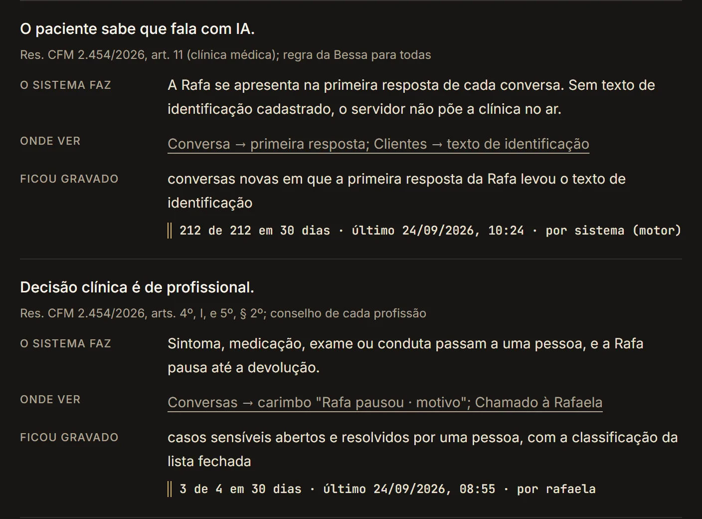 Recorte do Cockpit Bessa, tela Conformidade, com dados fictícios: a regra da Resolução CFM 2.454/2026 de informar o paciente que fala com IA e a de que decisão clínica é de profissional; para cada uma, o que o sistema faz, onde ver e o que ficou gravado nos últimos 30 dias.